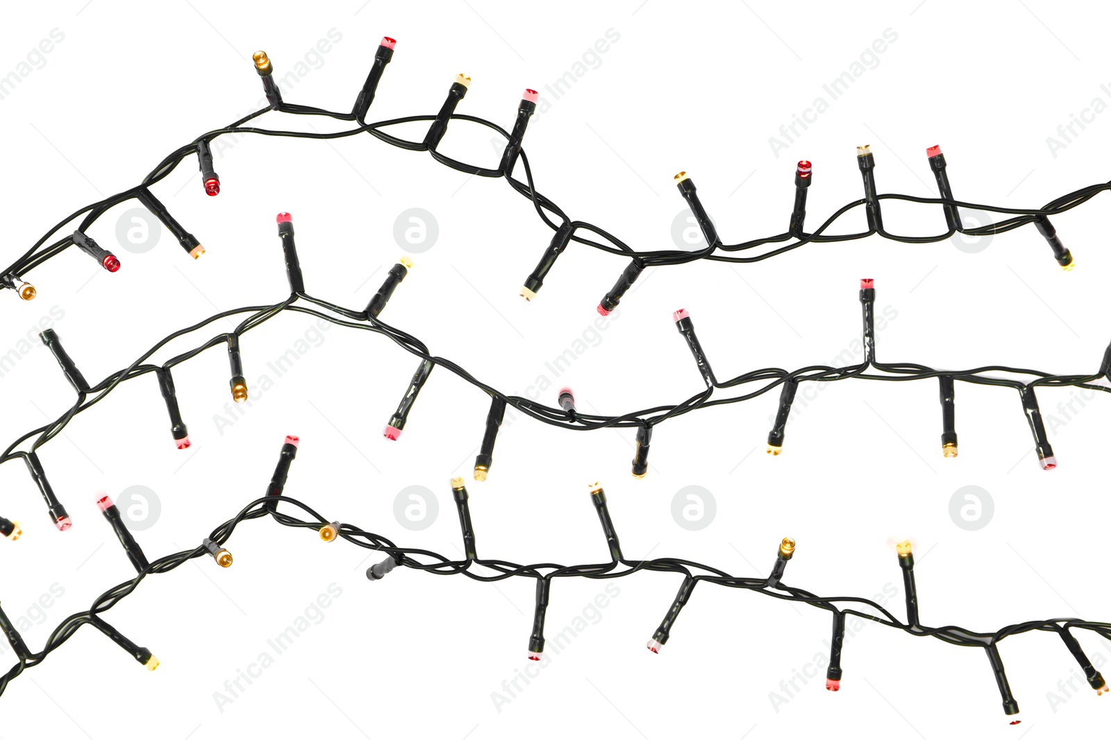 Photo of Beautiful Christmas lights on white background, top view