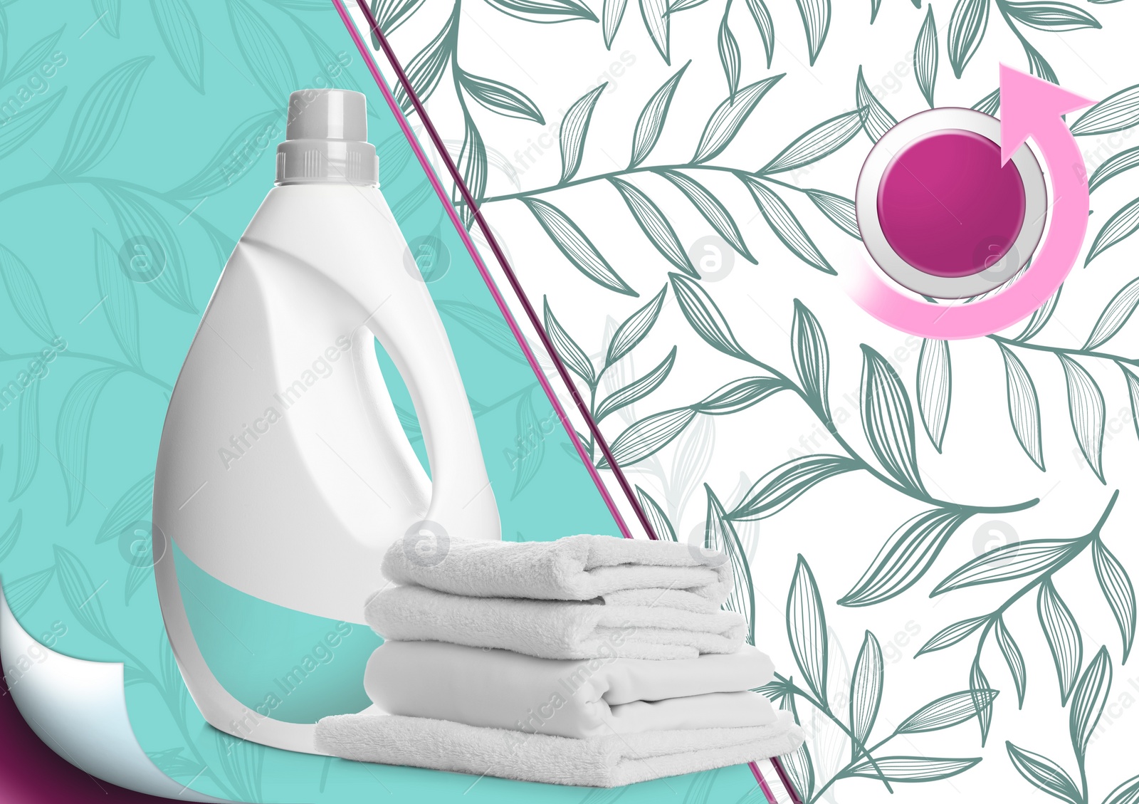 Image of Fabric softener advertising design. Bottle of conditioner and soft clean towels on color background with foliage pattern. Illustration of washing machine button