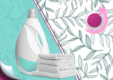 Fabric softener advertising design. Bottle of conditioner and soft clean towels on color background with foliage pattern. Illustration of washing machine button
