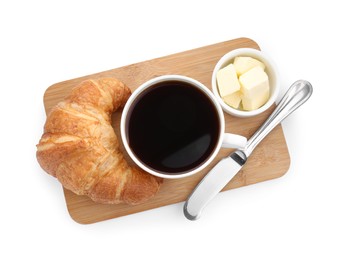 Photo of Fresh croissant, butter and coffee isolated on white, top view. Tasty breakfast