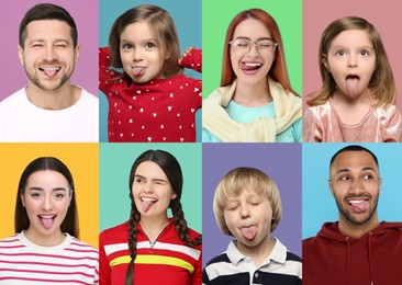 Collage with photos of adults and children showing their tongues on different color backgrounds