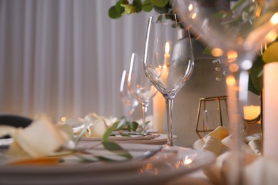 Festive table setting with beautiful decor indoors, closeup