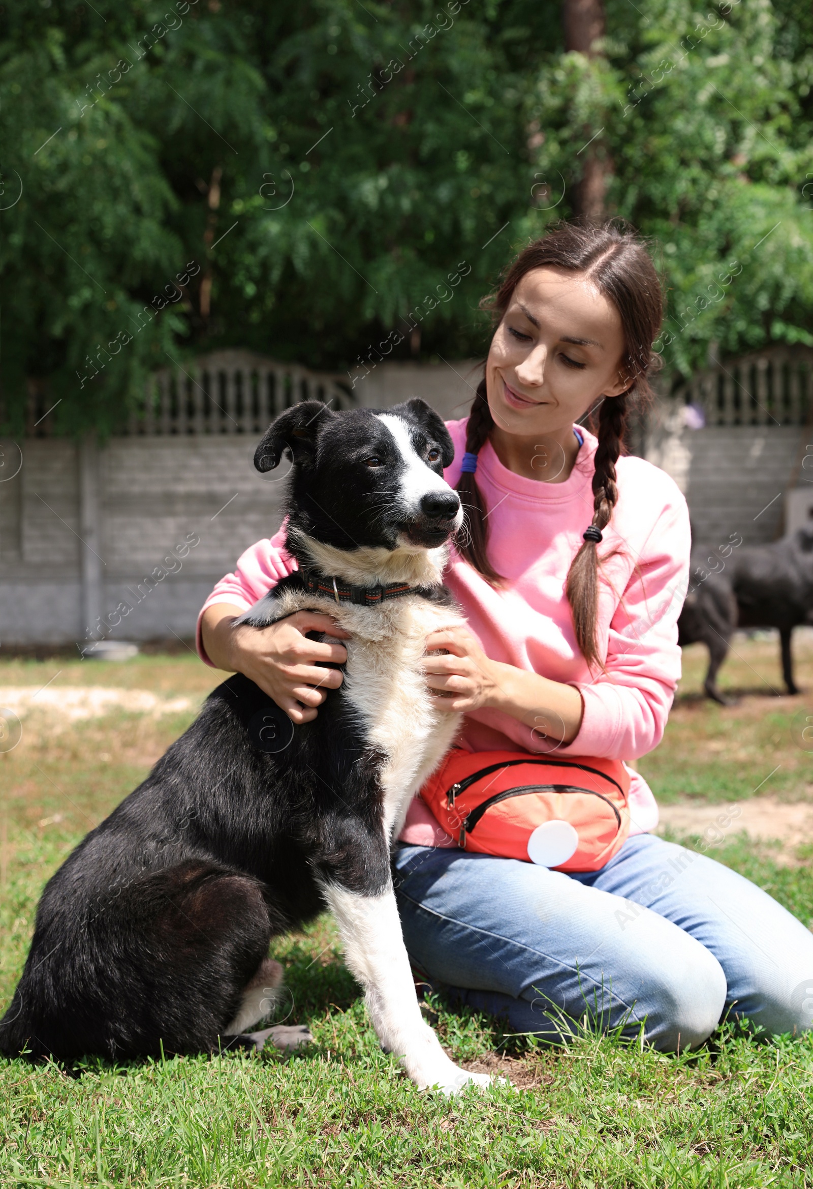 Photo of Female volunteer with homeless dog at animal shelter outdoors