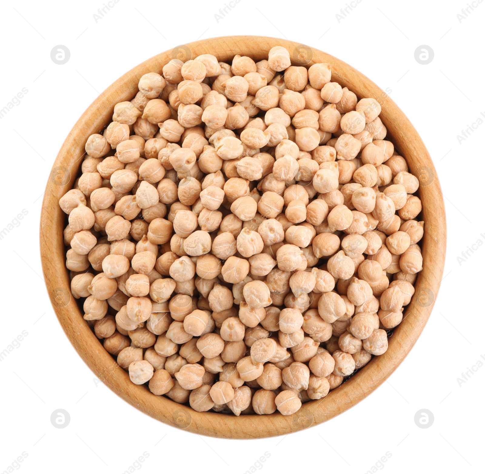 Photo of Chickpeas in bowl on white background, top view. Natural food