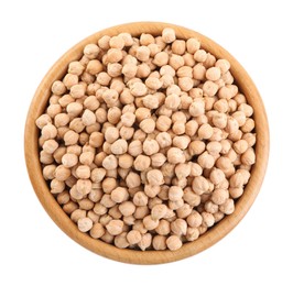 Photo of Chickpeas in bowl on white background, top view. Natural food