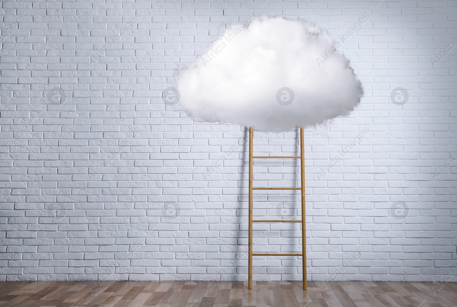 Image of Wooden ladder with cloud near white brick wall. Conceptual design 