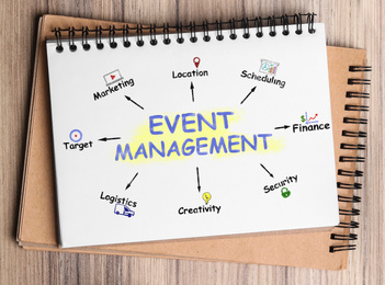 Notebook with event management scheme on wooden table, top view 