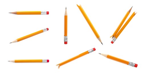 Set with whole and broken pencils on white background