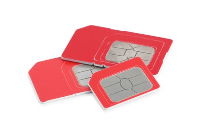 Photo of Modern red SIM cards on white background
