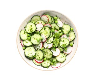 Photo of Appetizing salad with cucumbers, radish and pea in bowl isolated on white, top view