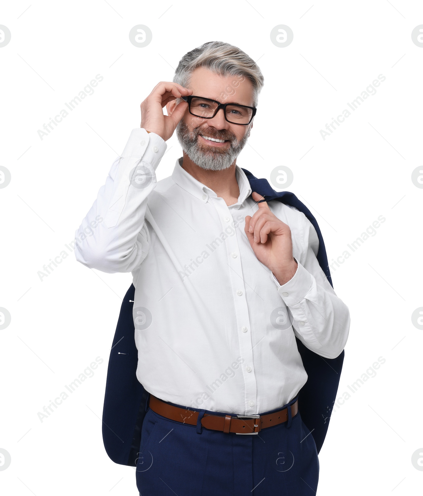 Photo of Mature businessman in stylish clothes posing on white background