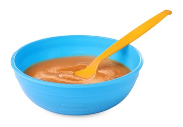 Photo of Tasty baby food and spoon in bowl isolated on white