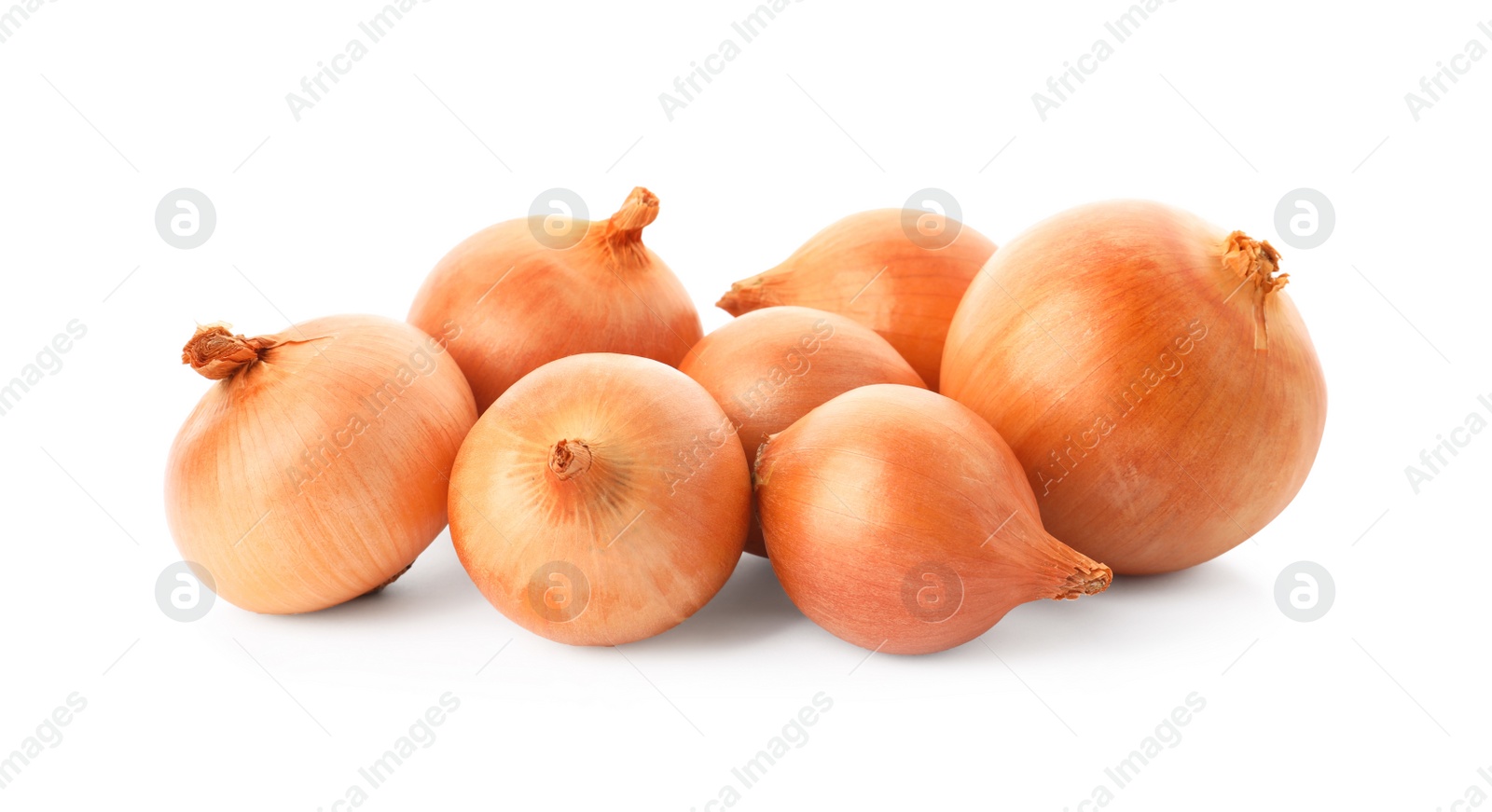 Photo of Fresh yellow onion bulbs isolated on white