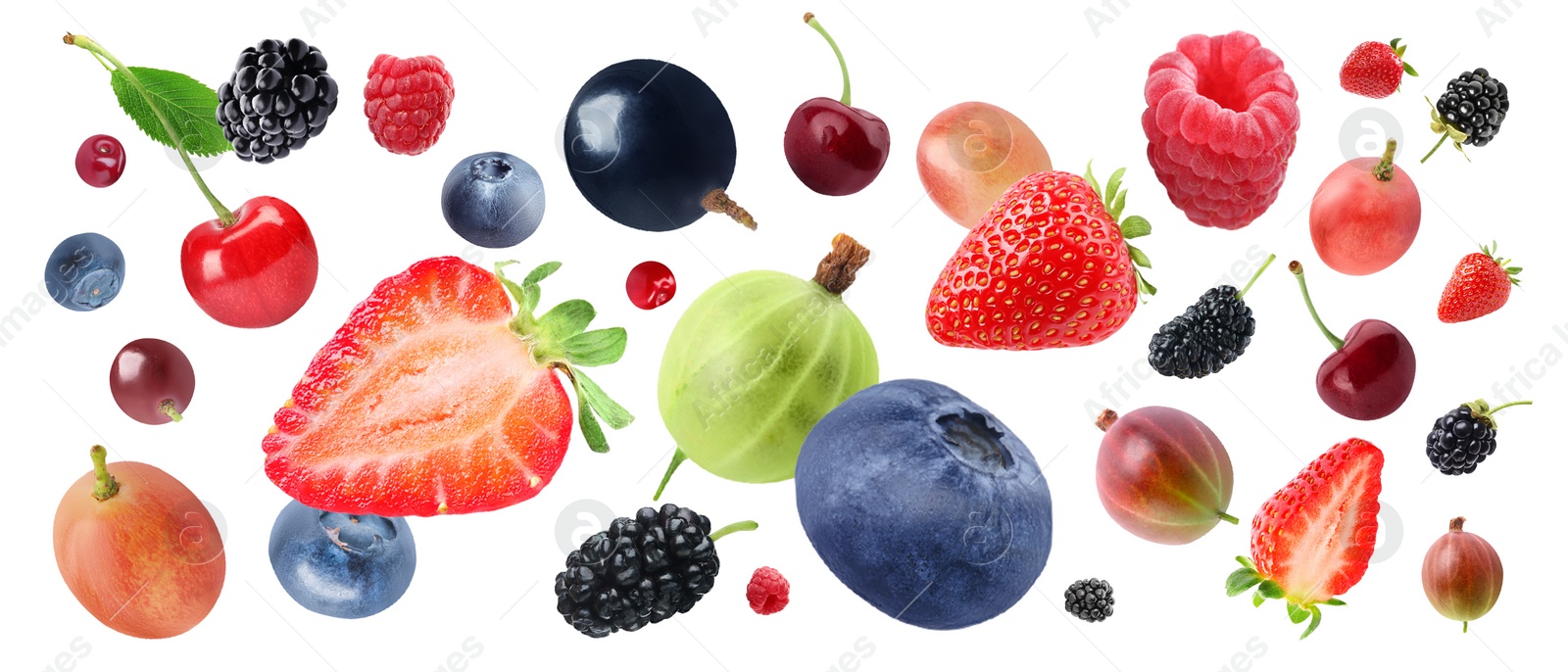 Image of Many different fresh berries falling on white background