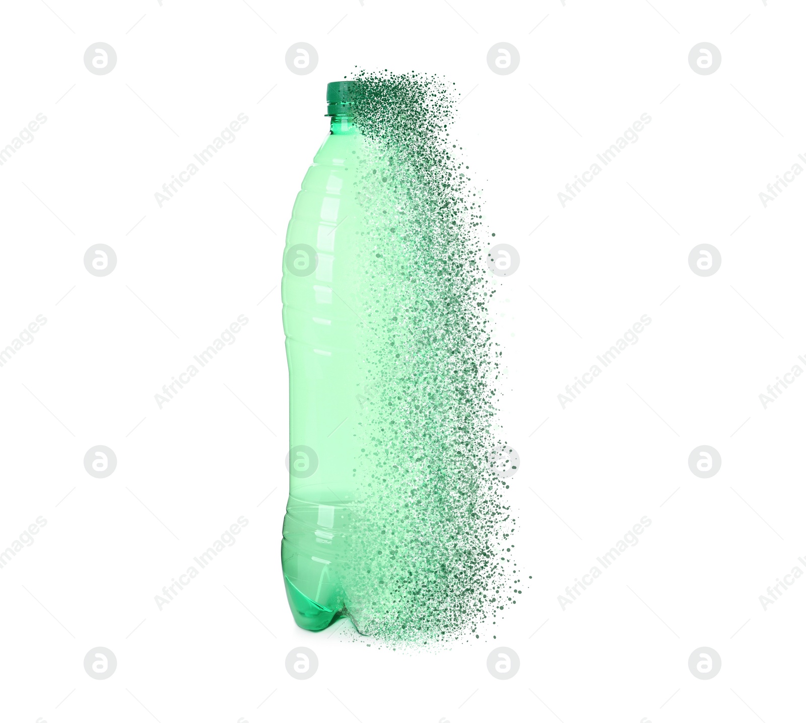 Image of Empty green bottle vanishing on white background. Plastic decomposition