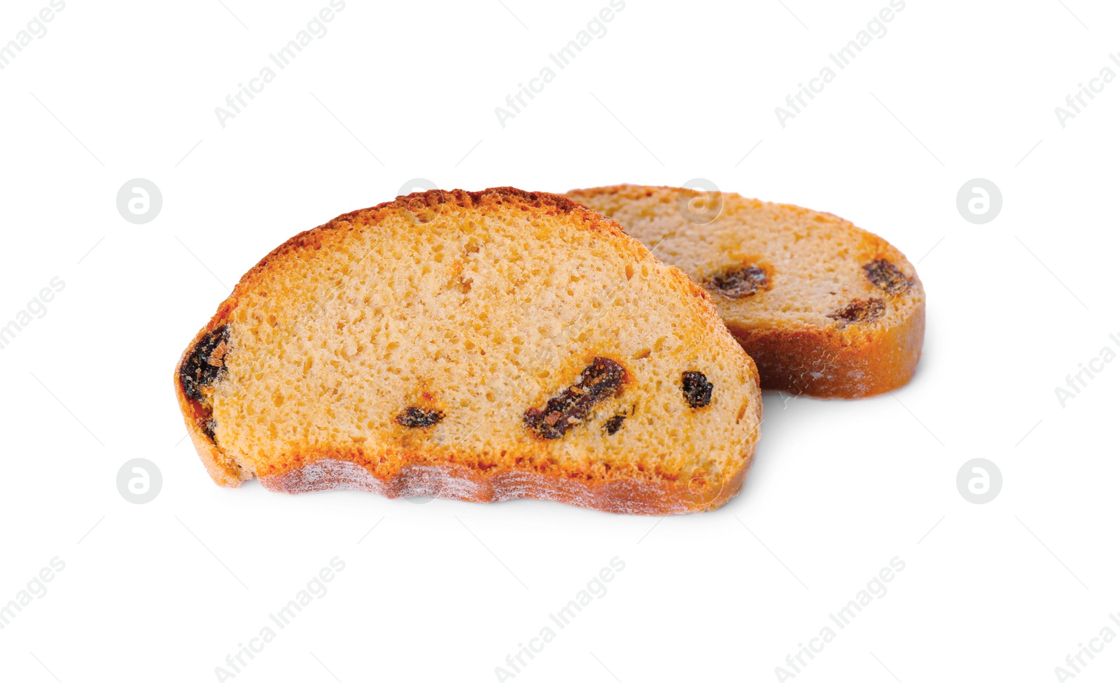 Photo of Sweet hard chuck crackers with raisins on white background