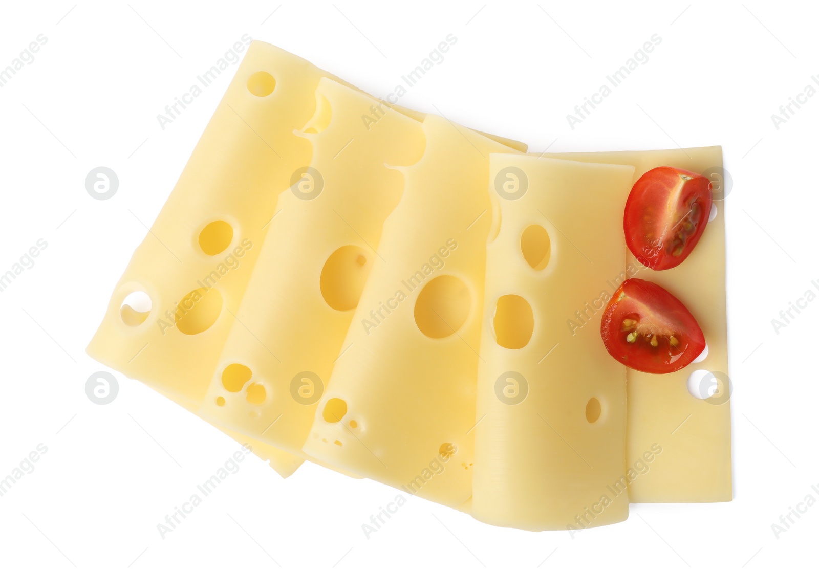 Photo of Slices of tasty fresh cheese and tomatoes isolated on white, top view