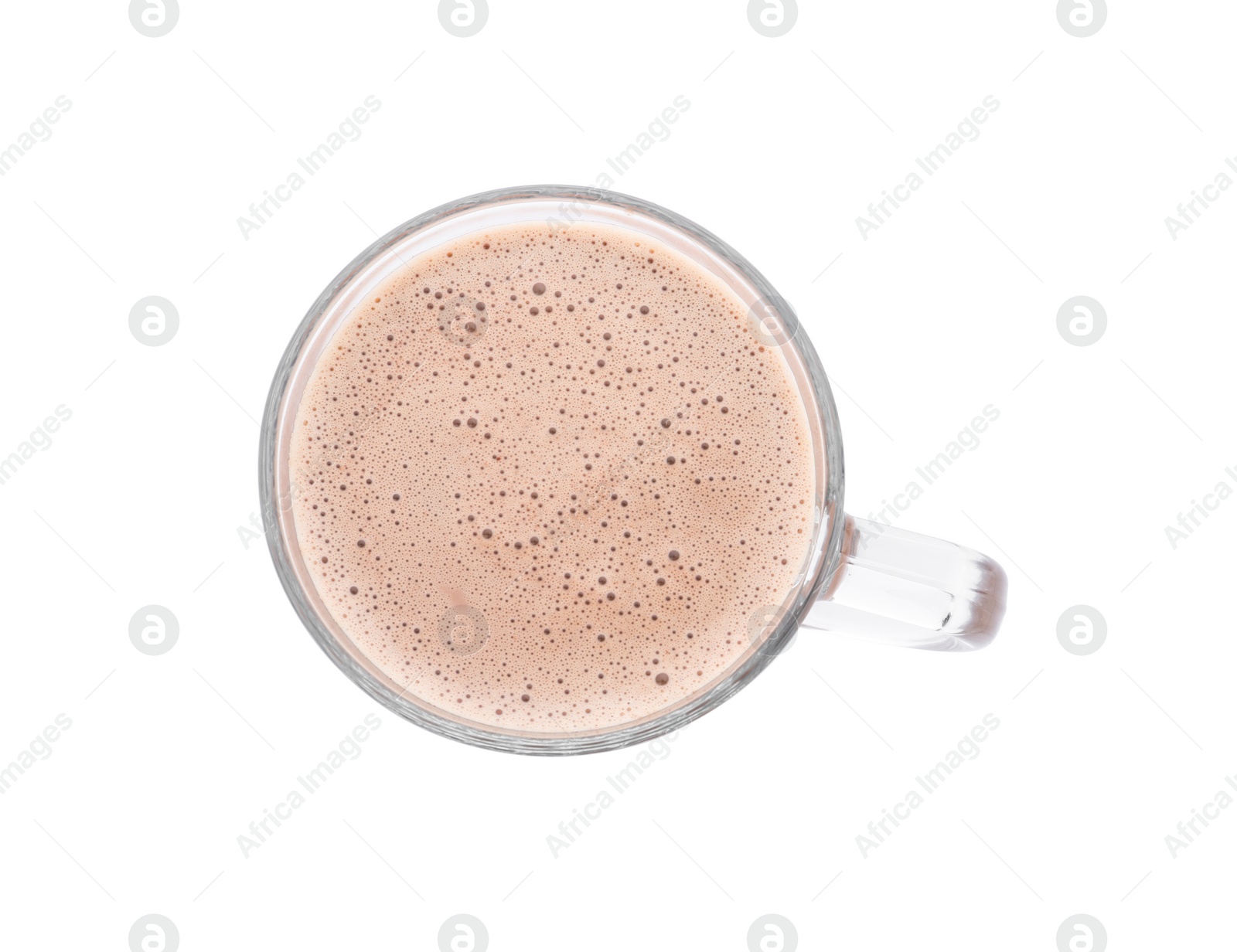 Photo of Delicious cocoa drink in glass cup on white background, top view