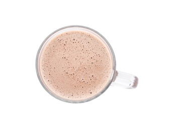 Photo of Delicious cocoa drink in glass cup on white background, top view