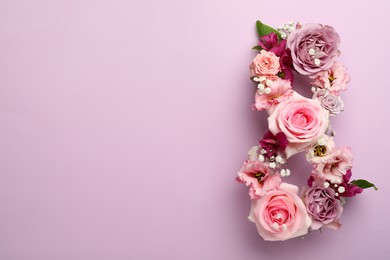 Photo of Number 8 made of beautiful flowers on violet background, flat lay with space for text. International Women's day
