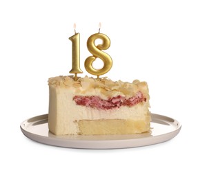 Photo of Coming of age party - 18th birthday. Delicious cake with number shaped candles on table against white background