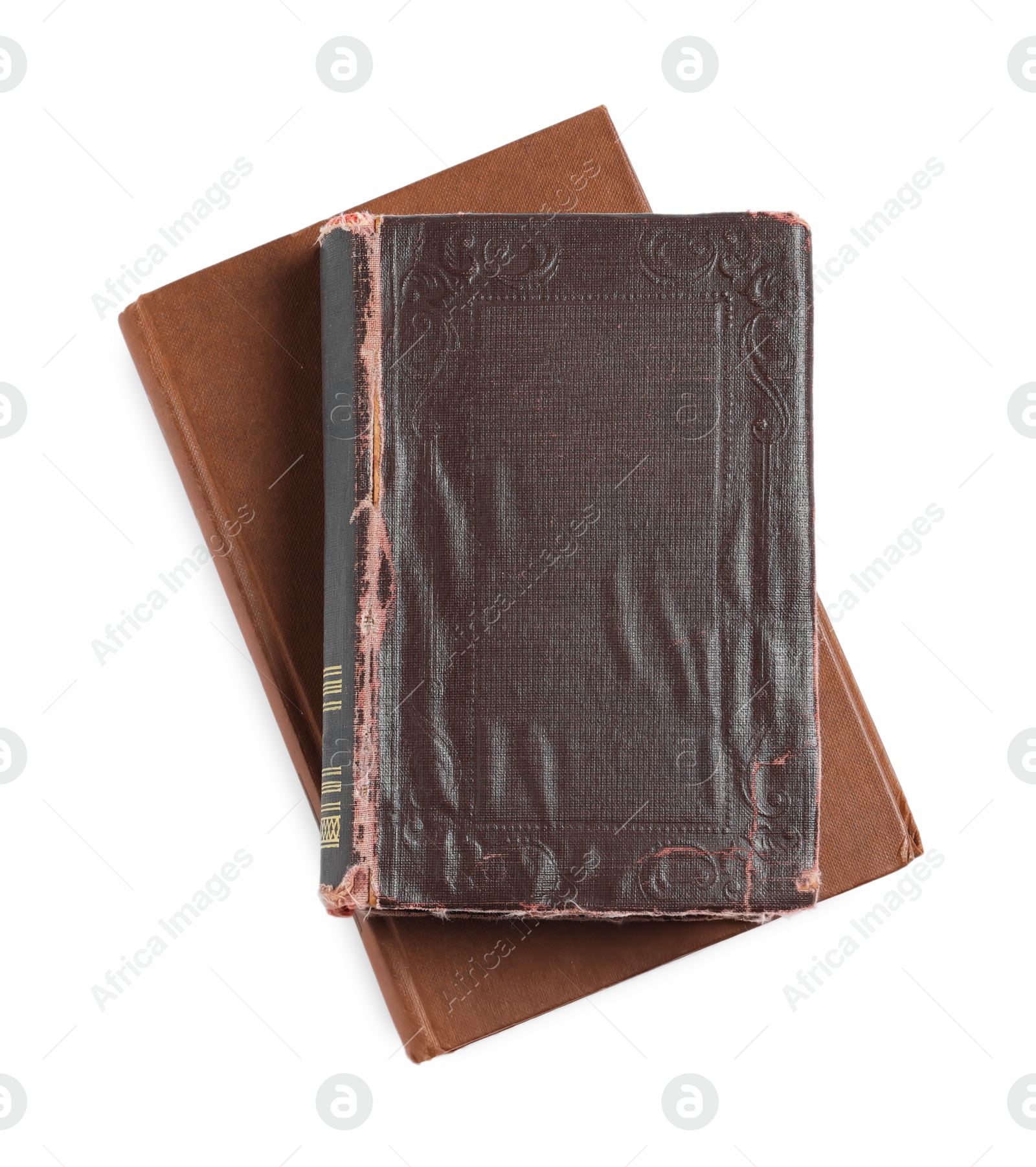 Photo of Old hardcover books isolated on white, top view