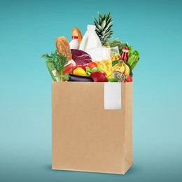 Image of Paper bag with different products and receipt on color gradient background