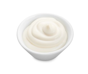 Photo of Tasty mayonnaise sauce in bowl isolated on white