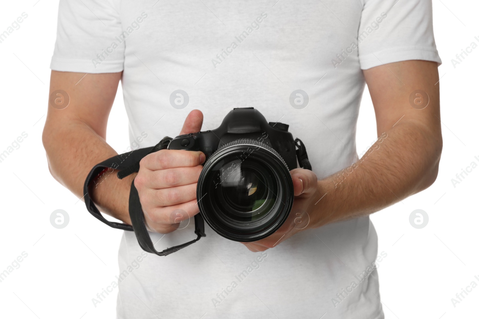 Photo of Photographer holding modern camera on white background, closeup