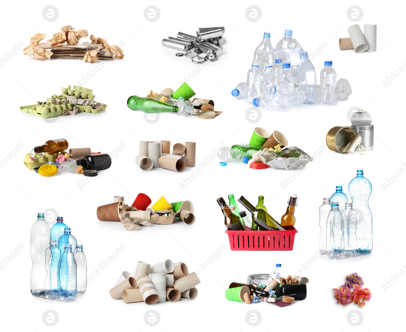 Image of Set of piles with different garbage on white background. Waste management and recycling