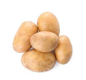 Fresh ripe organic potatoes on white background, top view