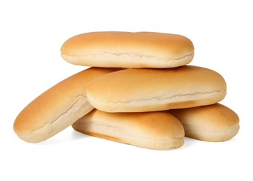 Photo of Many fresh hot dog buns isolated on white