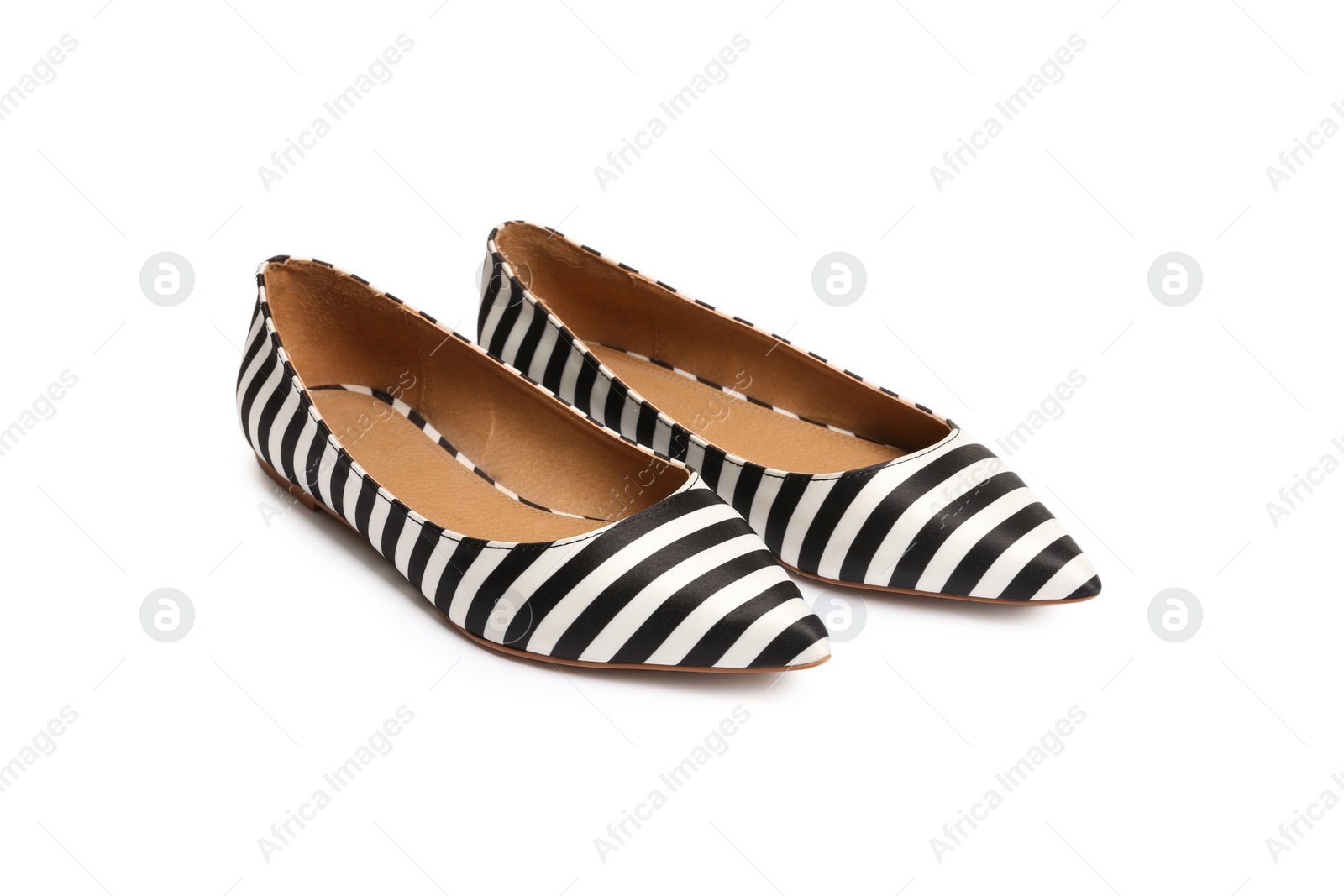 Photo of Stylish female flat shoes on white background