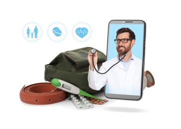 Online medicine. Doctor and modern smartphone on white background