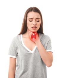 Woman with thyroid gland disease on white background