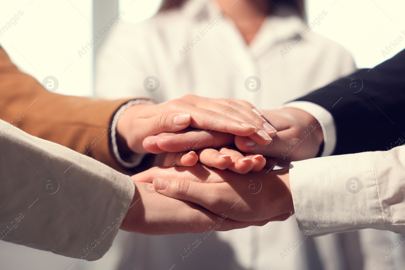 Photo of Group of people holding hands together indoors, closeup. Unity concept