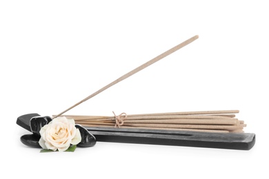 Photo of Composition with incense sticks and holder on white background