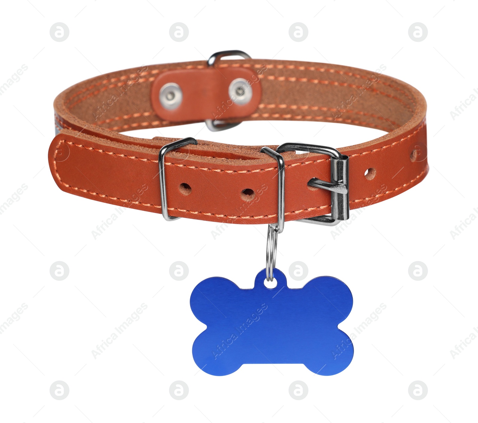 Photo of Brown leather dog collar with bone shaped tag isolated on white