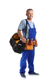 Photo of Electrician with tools wearing uniform on white background