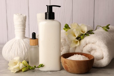 Photo of Beautiful composition with different spa products on light gray table
