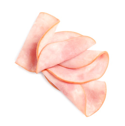 Photo of Slices of tasty fresh ham isolated on white, top view