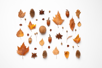 Photo of Flat lay composition with autumn leaves on white background