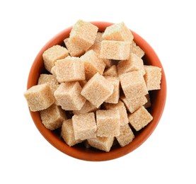 Photo of Bowl with cubes of brown sugar isolated on white, top view