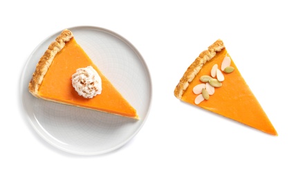 Image of Two tasty pumpkin pie slices on white background, top view