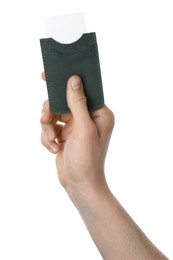 Photo of Man holding leather business card holder with card on white background, closeup