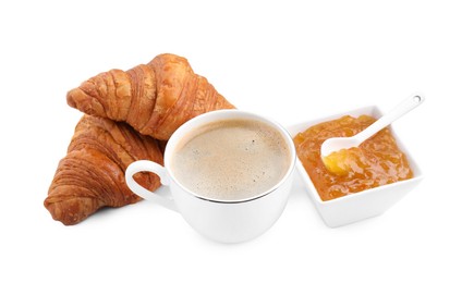 Photo of Fresh croissants, jam and coffee isolated on white. Tasty breakfast