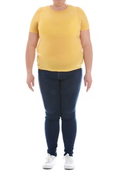 Overweight woman on white background, closeup. Weight loss