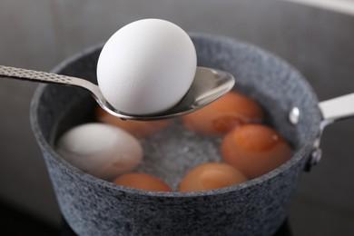 Photo of Spoon with boiled egg above saucepan on electric stove, closeup