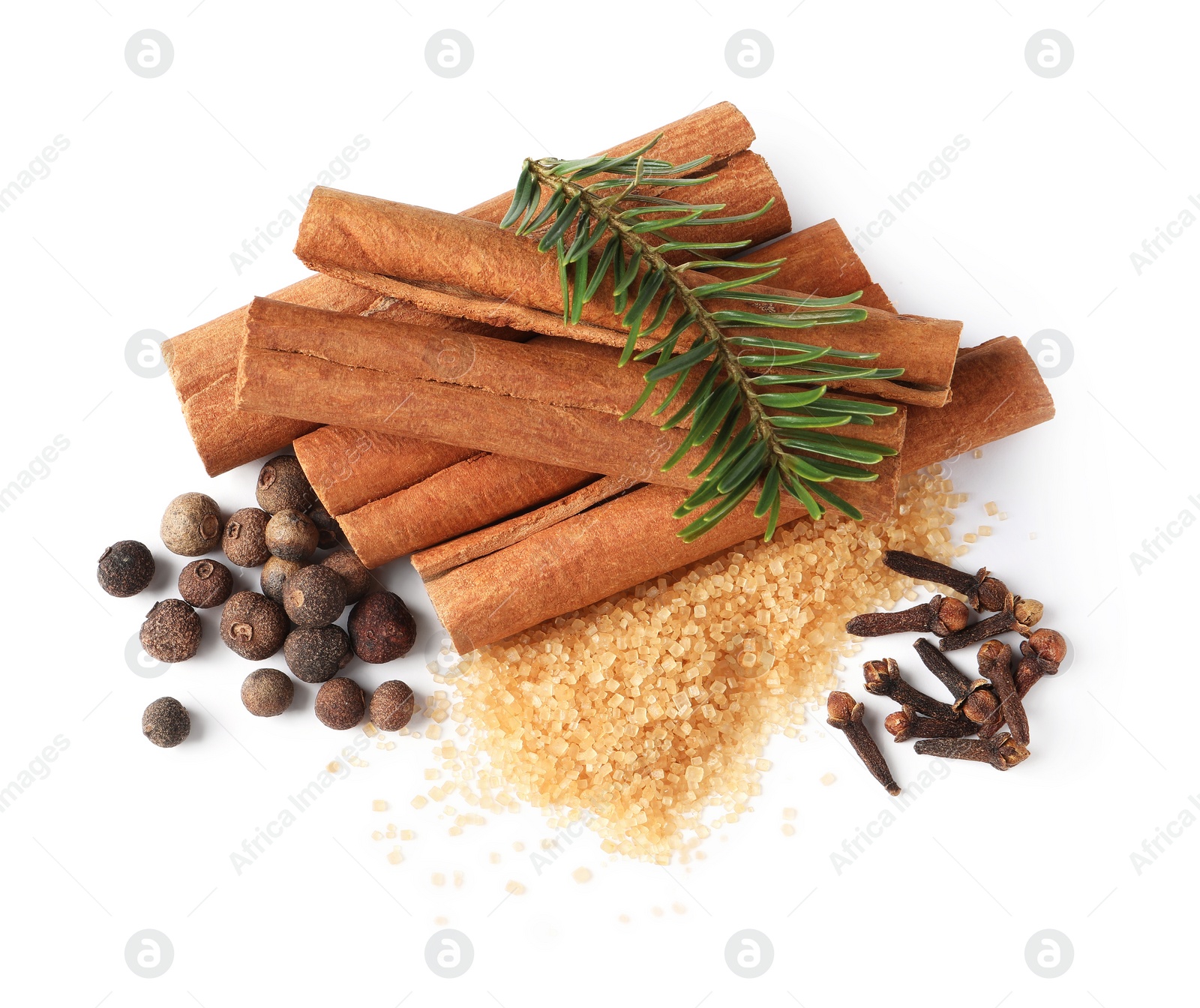 Photo of Different spices and fir branch on white background, top view