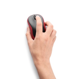 Photo of Woman using computer mouse on white background, top view. Space for text